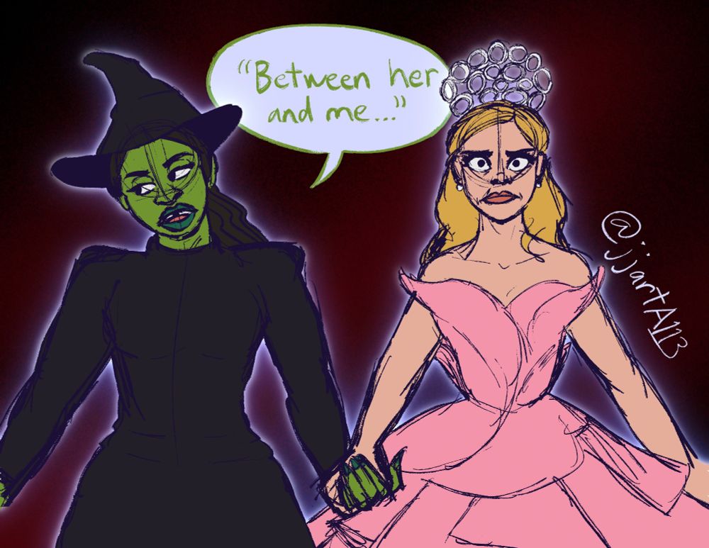 Second panel: Elphie, still looking haughty, corrects her with, "'Between her and me...'" Now Glinda is looking dead forward with an exasperated expression.