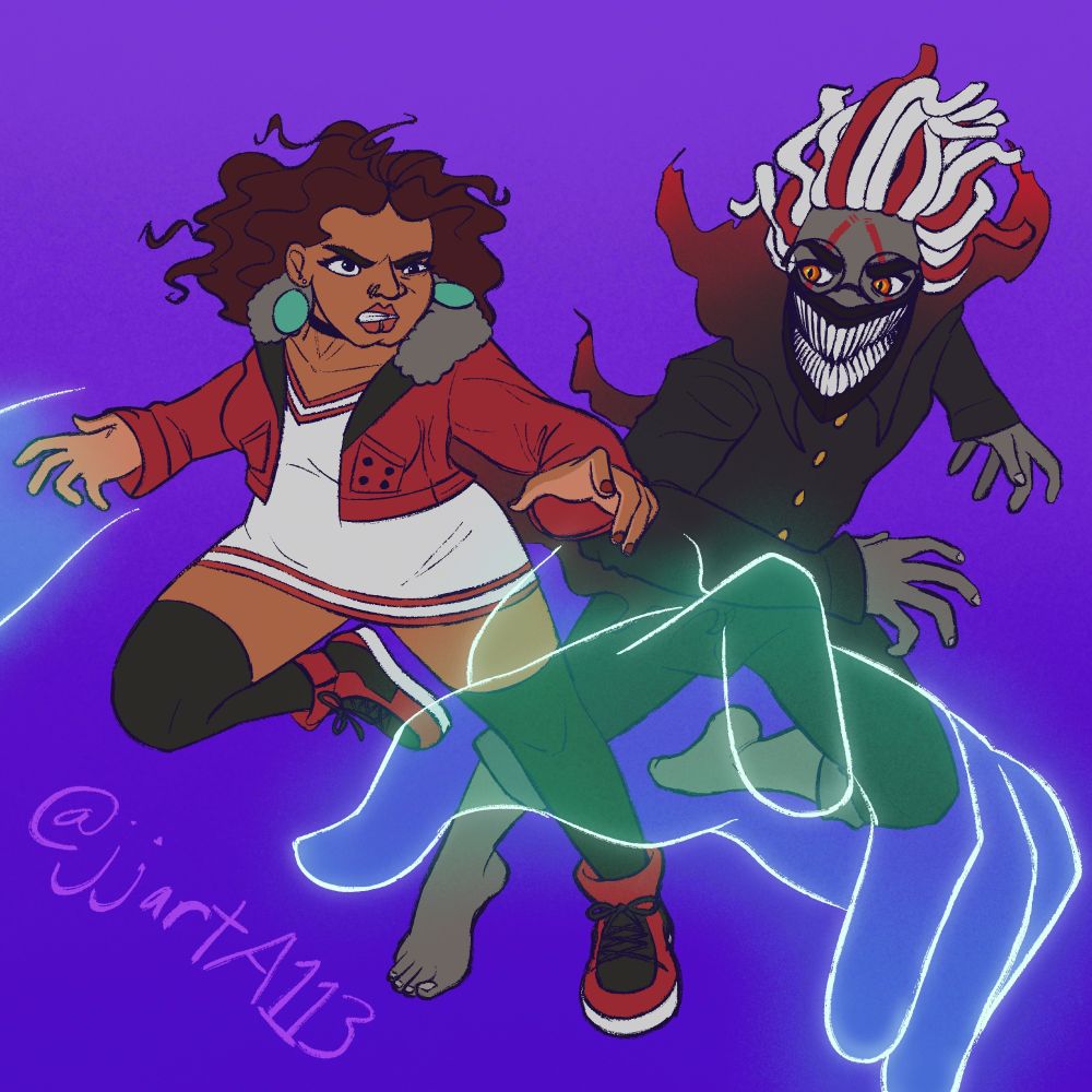 Colored digital drawing of my original characters Desmond Dodson and Daniela Gutierrez cosplaying as Ken Takakura/Okarun and Momo Ayase from Dan Da Dan.

Dani is wearing Momo's white dress, small red jacket, and red-and-black high top shoes; she's in a one-leg-up action pose with her arms spread wide and shooting out those green ghost hands.

Dez cosplays as Okarun in Turbo Granny form; he's wearing the Turbo-fied version of his gakuran (school uniform), the big toothy jaw mask, and, um, glasses. Dez's hair, which usually a nappy broccoli haircut, is fashioned into long flowing dreadlocks, again mirroring Okarun's Turbo hair. He's in an action pose with his arms spread out and one knee kicking forward. (Also is feet are bare.)