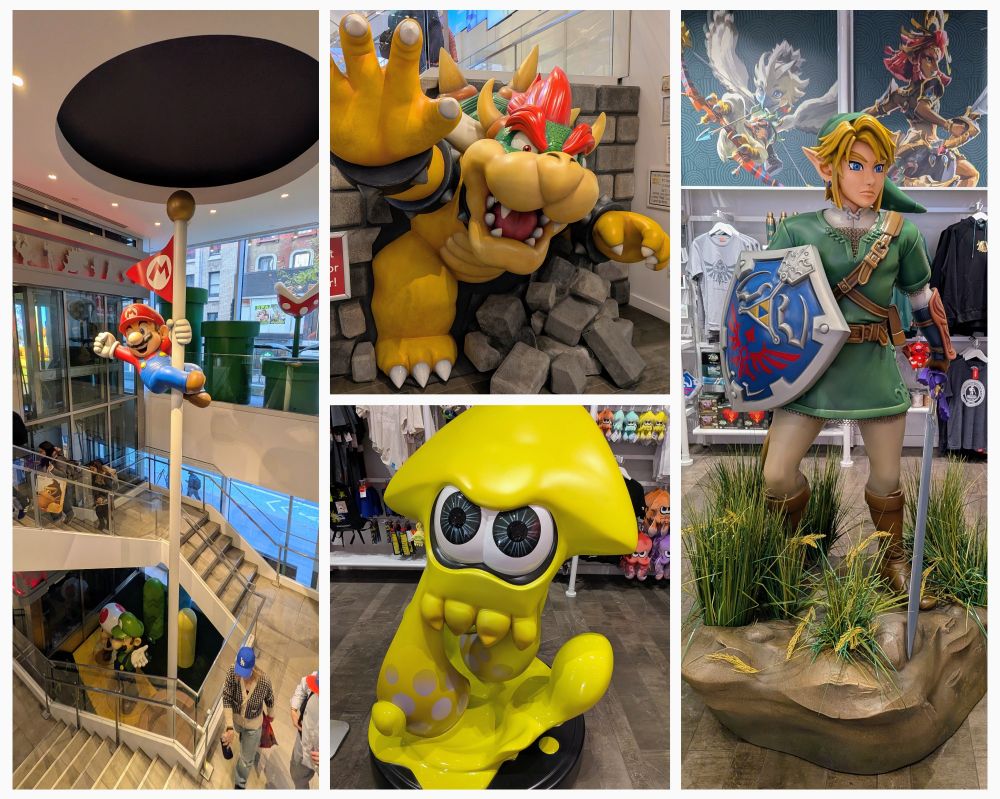 Collage of 4 images from the Nintendo store featuring statues of famous franchises: Mario smiling and pumping his fist atop a flagpole in the middle of the store's square staircase, Bowser breaking through a wall with his right hand reaching out, yellow inkling in squid form from Splatoon, Link holding the Hylian shield and master sword
