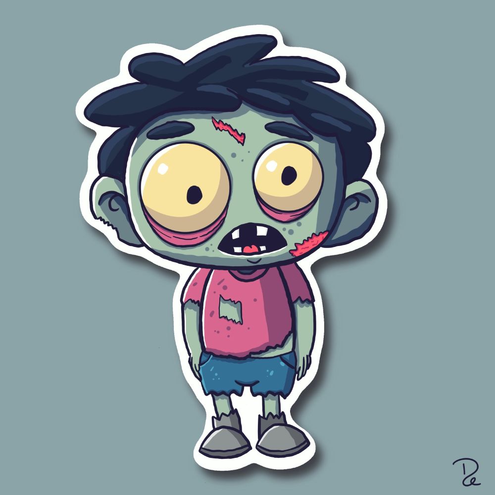Zombie boy sticker: cartoonish zombie boy with light green skin, dark thick spikes of hair, giant asymmetrical circle eyes with sagging red skin underneath, red gashes to the face, missing piece of right ear, open grimace mouth with missing teeth, red torn shirt, torn denim shorts, and jagged-top sneakers