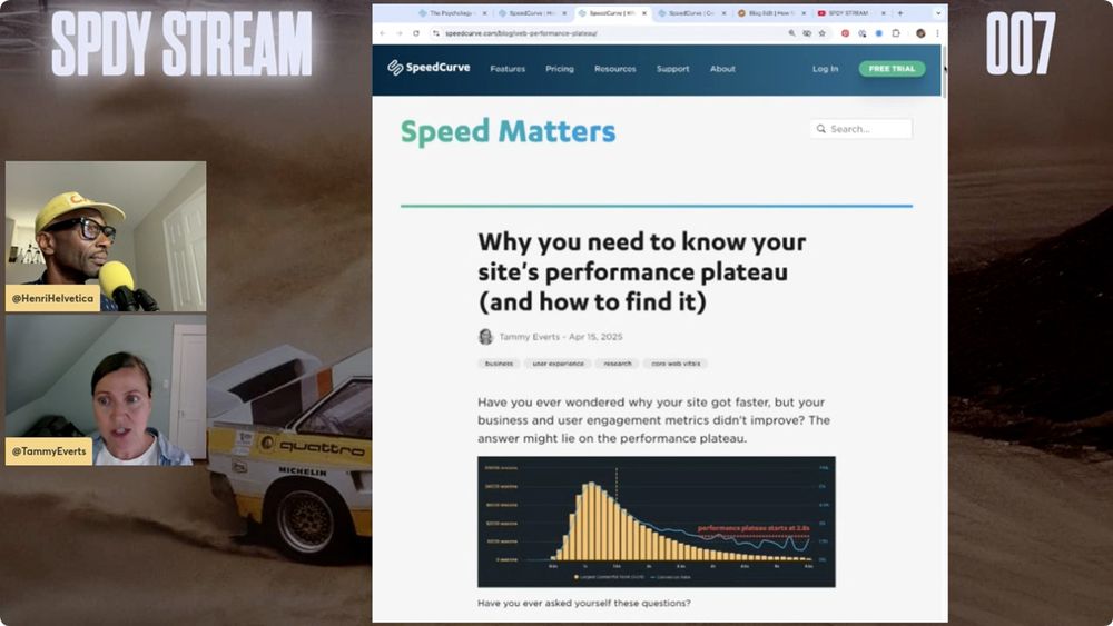 Image of a stream, taking place with two tech professionals, and a browser window is shared that reads the following speed matters, why you need to know your sites, performance plateau, and how to find it.