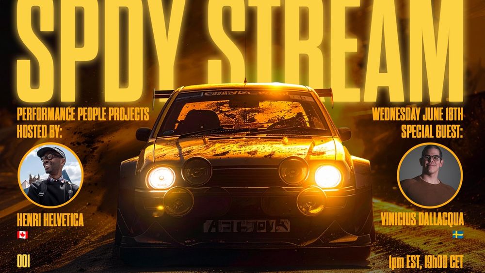 Image of a rally car in early evening with headlights on driving down a dusty road. Caption: SPDY stream. Performance, people, projects. Wednesday, June 18. Hosted by Henri Helvetica. 1pm EST