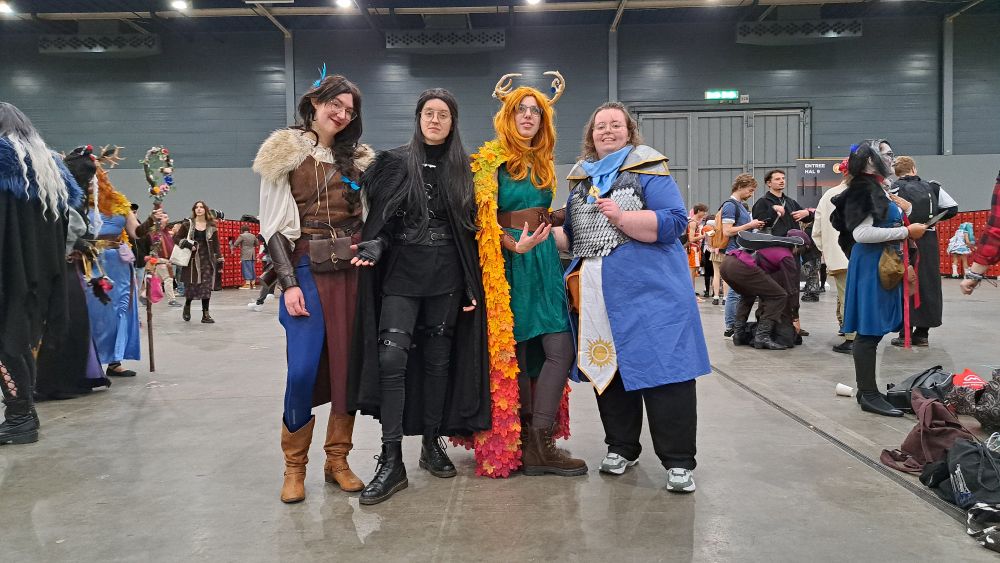 A group of four friends, dressed from left to right as Vex'alia, Vax'ildan, Keyleth, and Pike from Critical Role.