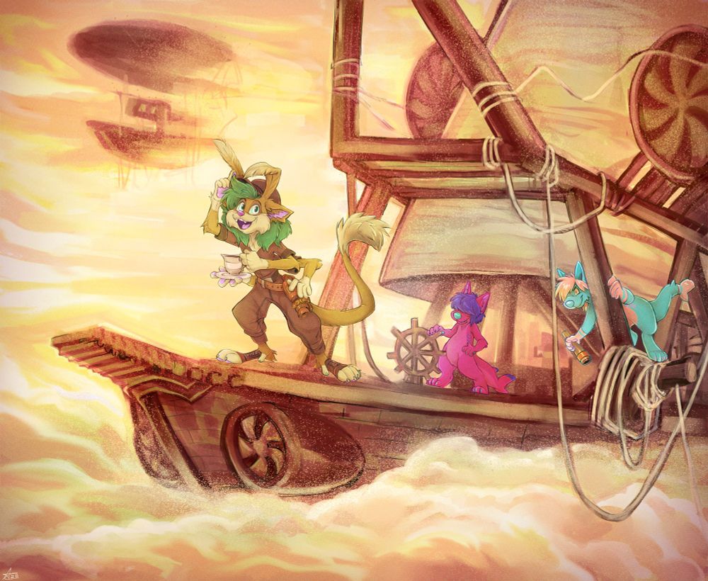 Henning the Ceryvian on a steampunk airship in the clouds, with a good cup of tea in his hand. His crew consists of two shark pups witch are doing airship-stuff in the background. The picture is predominantly in sepia tones.
