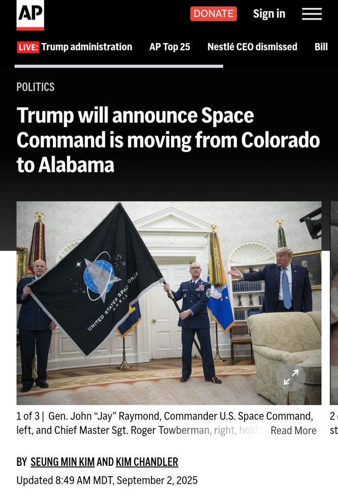 AP headline announcing the move of Space Command from Colorado to Alabama 