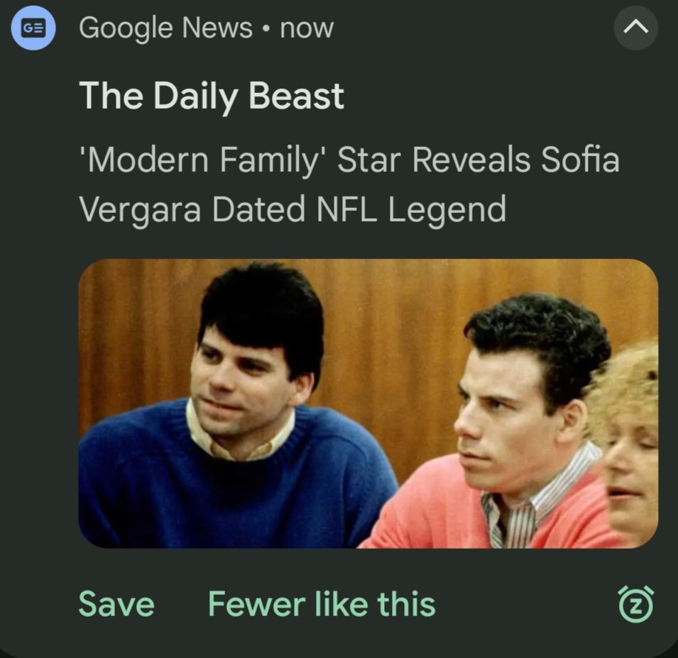 Headline from The Daily Beast that reads "Modern Family star reveals Sofia Vergara dated NFL legend" above a picture of the Menendez brothers.
