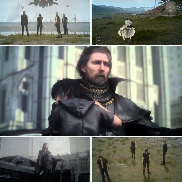 Top Left: FFXV Guys watch troops land
Top Right: Noctis riding a white Chocobo
Center: King Regis holding Noctis as a child
Bottom Left: King Regis holding Noctis exiting a car
Bottom Right: Gladiolus, Prompto, Noctis, & Ignis standing in a field