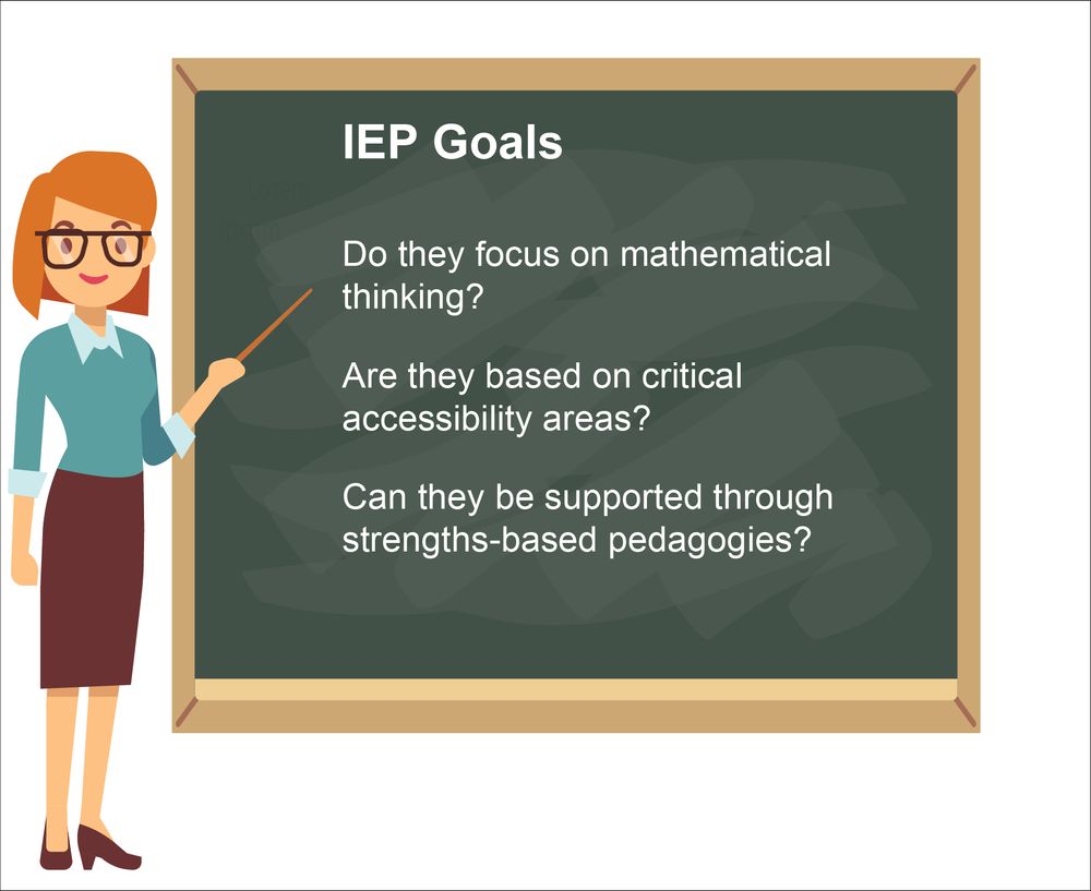 Woman to left of chalkboard, pointing to text, "IEP Goals. Do they focus on mathematical thinking? Are they based on critical accessibility areas? Can they be supported through strengths-based pedagogies?"