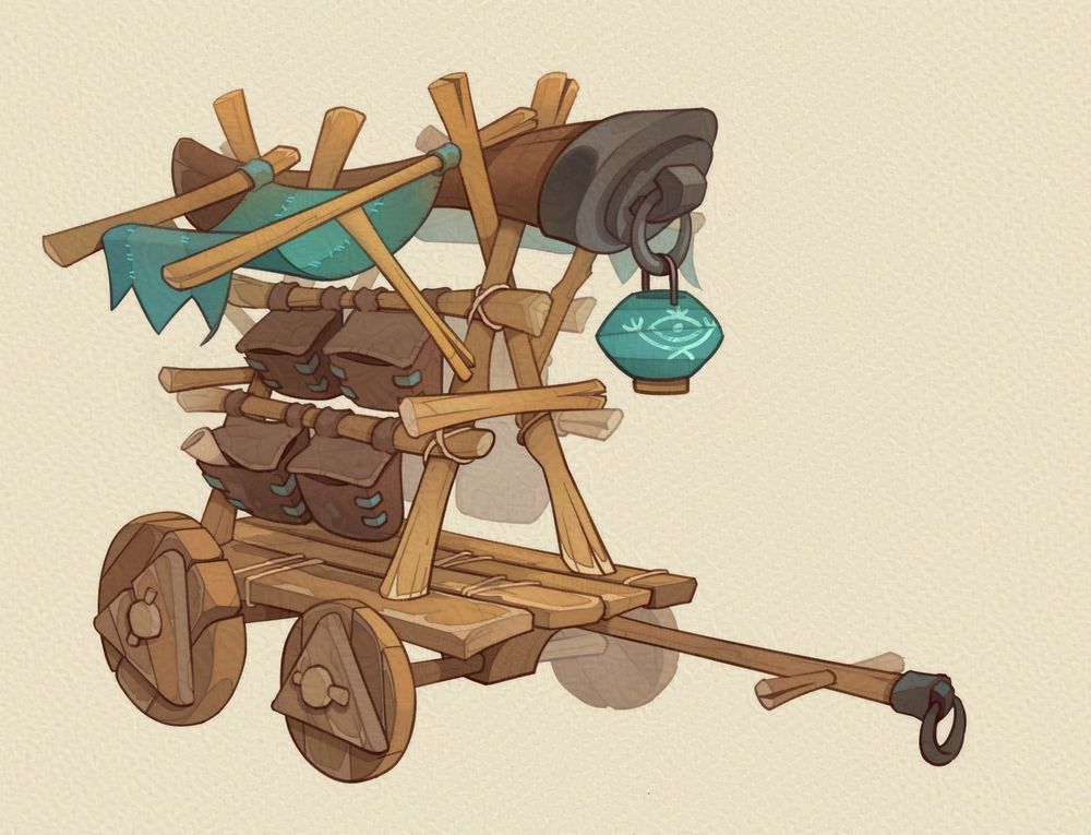 A cart made of wood, in a cartoony style, with several bags attached on it.