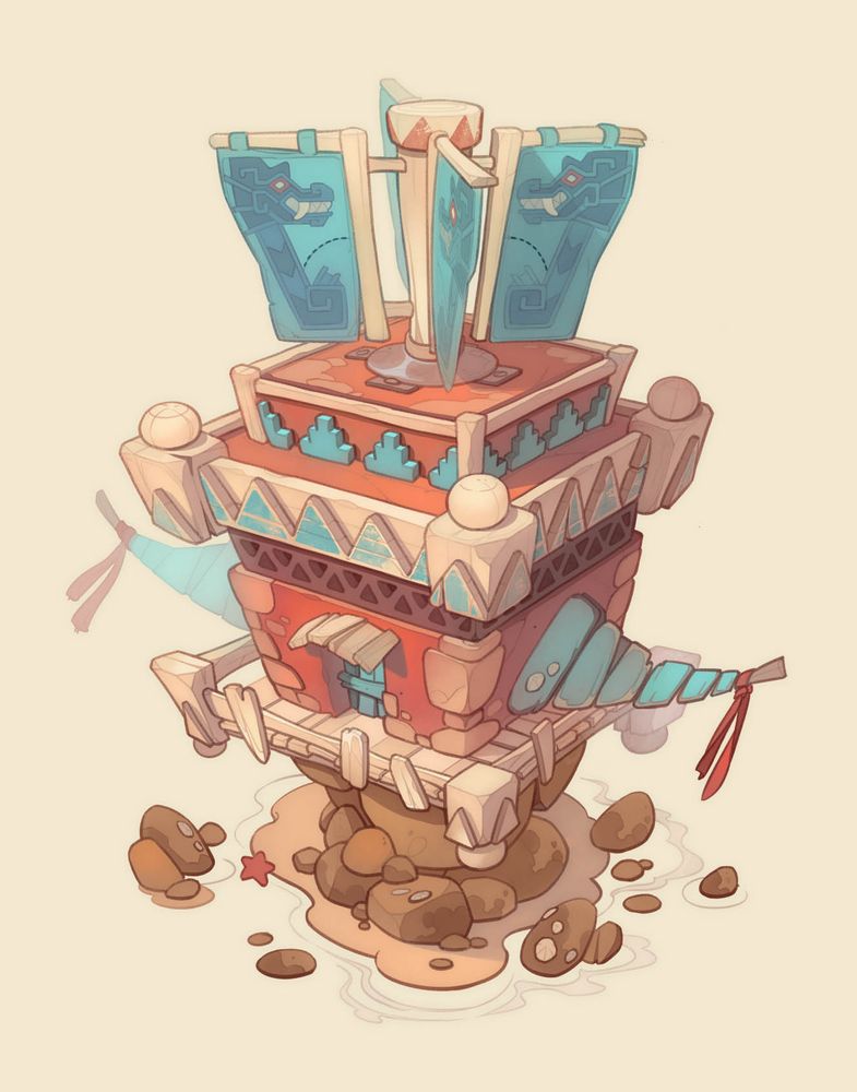 A red and blue house in a cartoony style from my worldbuilding project Raizh.