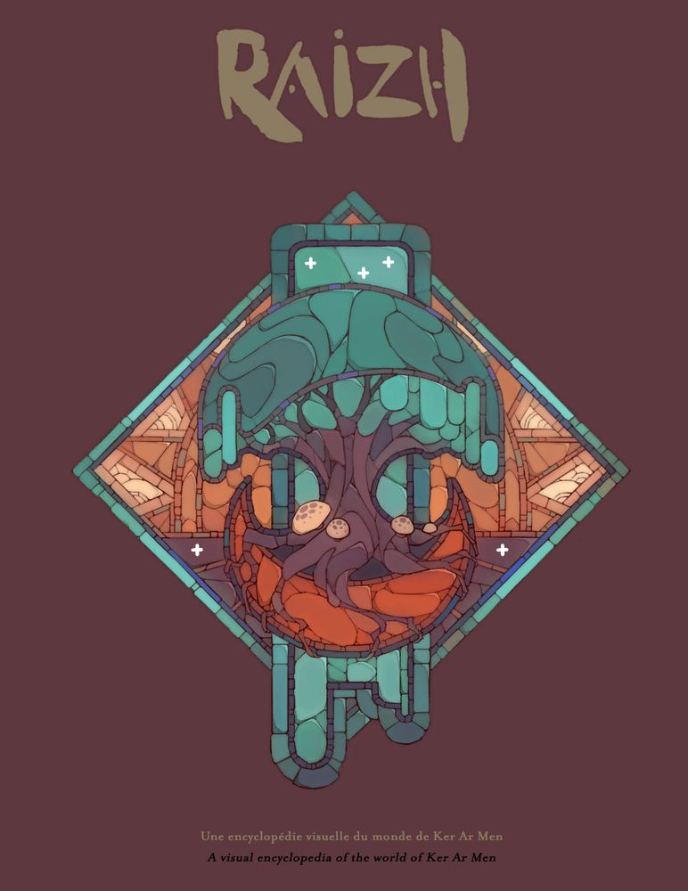 A mosaic style illustration representing a blue tree with its roots holding a giant red moon crescent. There's a rising sun in the background, and the whole illustration is made of tile blue, orange and red colors.