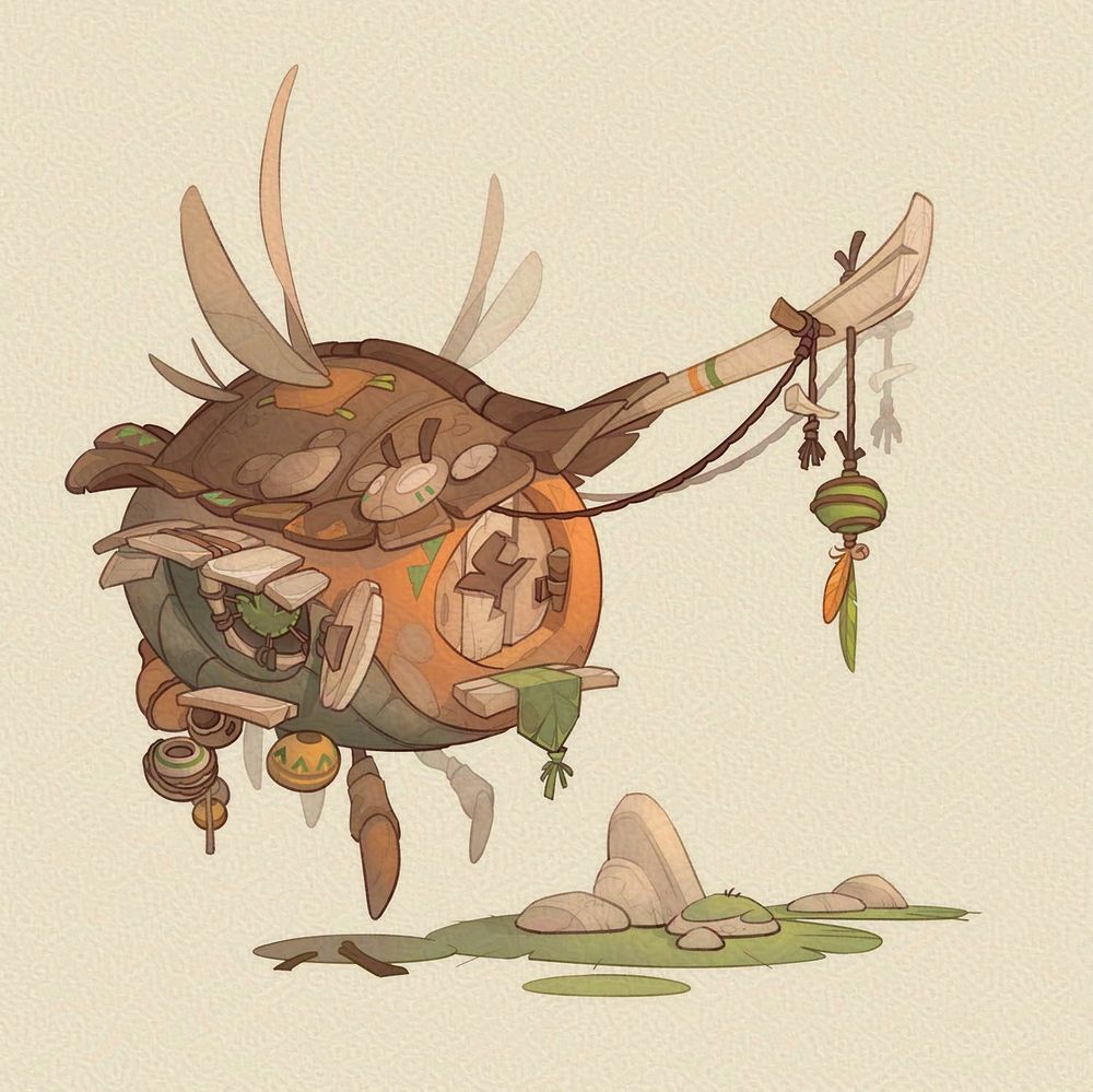 A flying cart in a cartoony style. It has an organic shape, but you can definitely live in it. 
