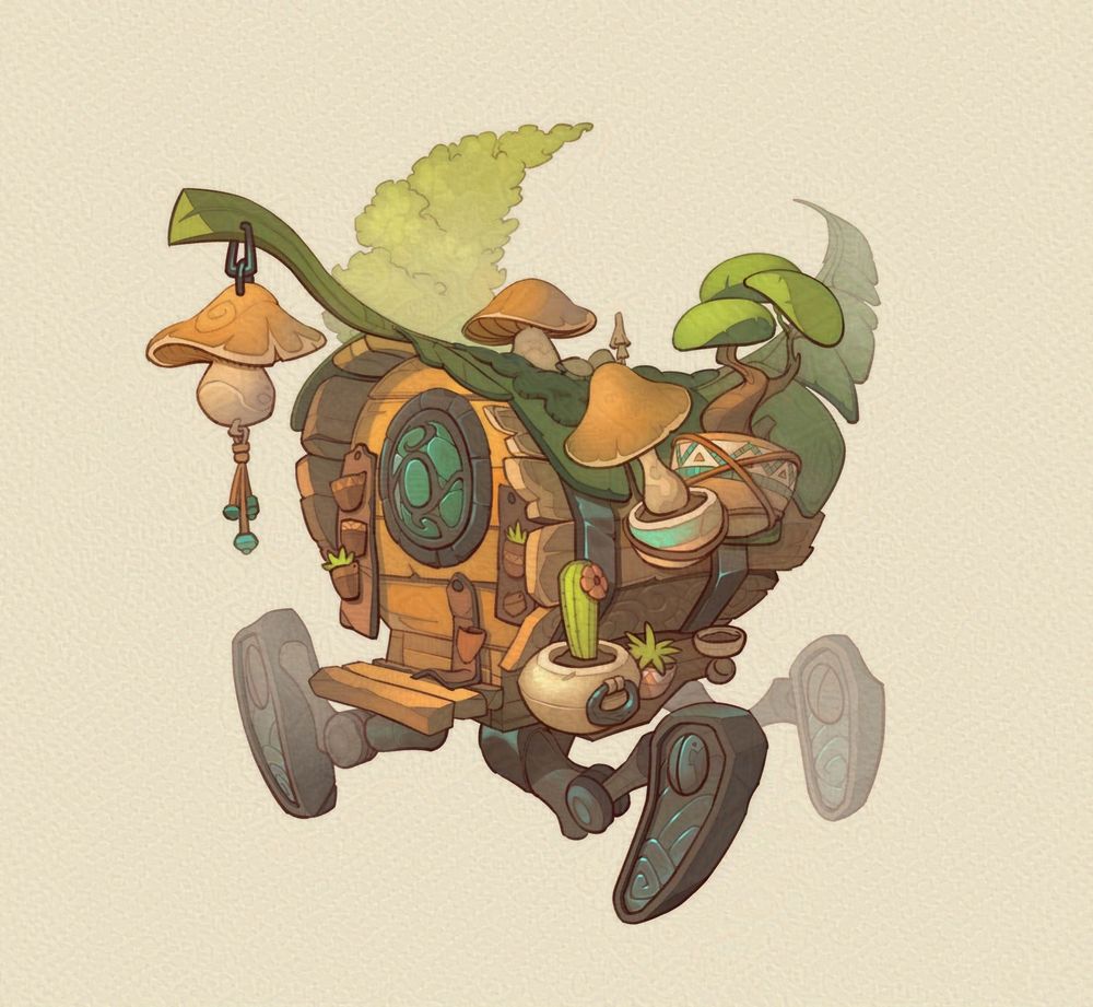 A walking cart made of wood and metal legs, in a cartoony style. It's mostly green and yellow. 