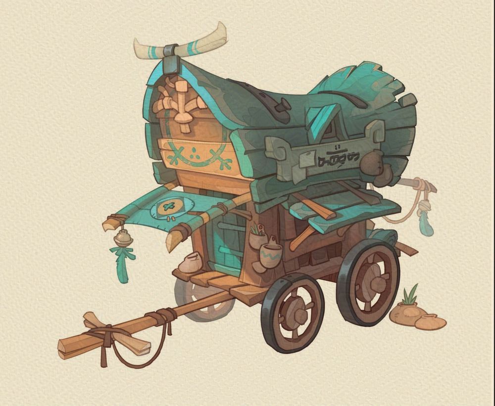 A cart made of wood, in a cartoony style. The roof has a tile color.