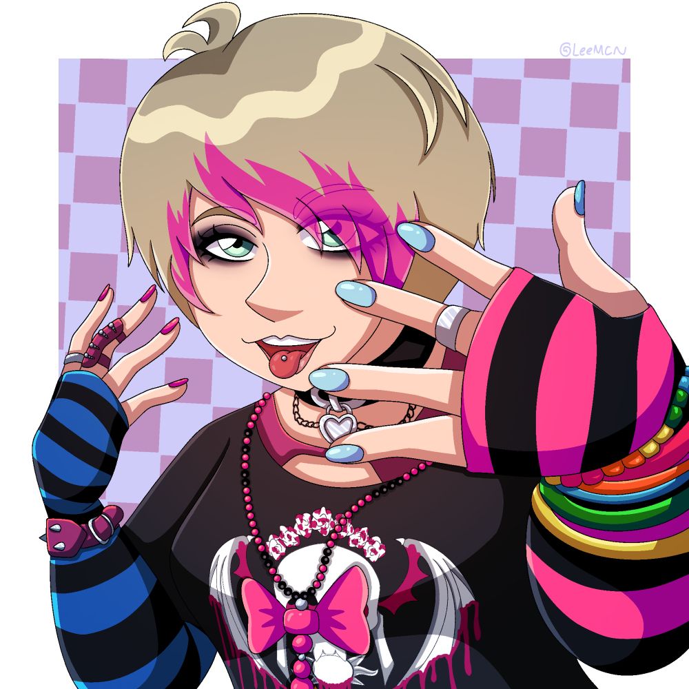 Ashley Graham from Resident Evil 4 in her casual outfit. She is smiling and sticking out her tongue, revealing a silver tongue piercing. She has dark black eye makeup. She has a short, blonde scene haircut with the bangs dyed hot pink. She is wearing a black t shirt with a bleeding skull pattern and a large bead necklace with a bow at the end. She has a heart choker necklace with two chains on each side. Her right arm has the nails painted pink on her hand and she is wearing a blue and black striped sleeve glove, with a leather bracelet strapped on her wrist. Her left arm has the nails painted light blue and she is wearing a pink and black striped sleeve glove and has a colorful beaded bracelet on her wrist, alongside five colored bracelets underneath. She has silver rings on both hands, along with a long leather ring on her right middle finger. 