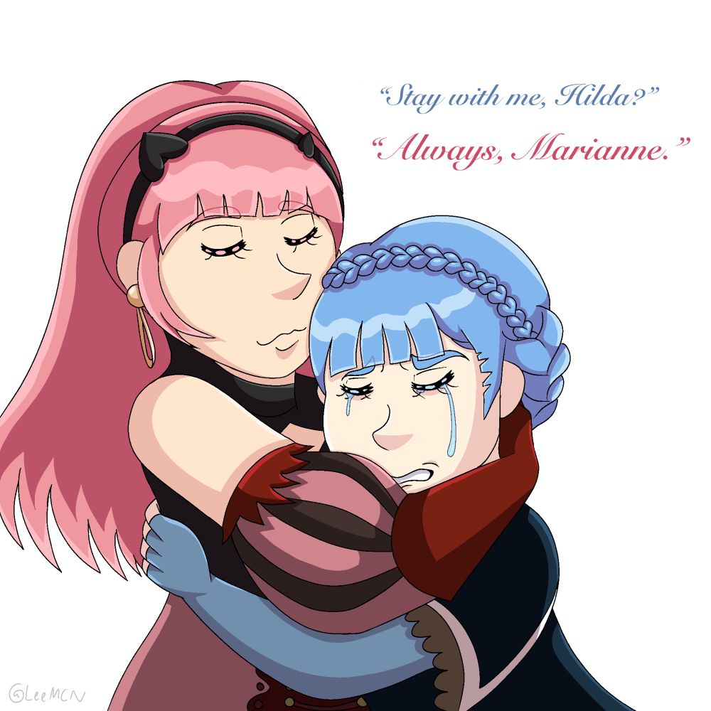 Hilda (left) and Marianne (right) from Fire Emblem: Three Houses. This picture depicts Hilda pulling Marianne, who has PMDD, into a comforting embrace while Marianne cries. Text in top right corner reads (blue: Marianne) “Stay with me, Hilda” and (pink: Hilda) “Always, Marianne.” 

PMDD stands for Pre-Menstrual Dysphoric Disorder, which can cause pain, changes in behavior, mood, and lack of sleep. In this piece, Marianne is experiencing anxiety from 
PMDD, and needs Hilda’s presence to make her feel safe. Hilda is comforting her through it. This is based on my own experiences with PMDD, where I experience the same anxiety.