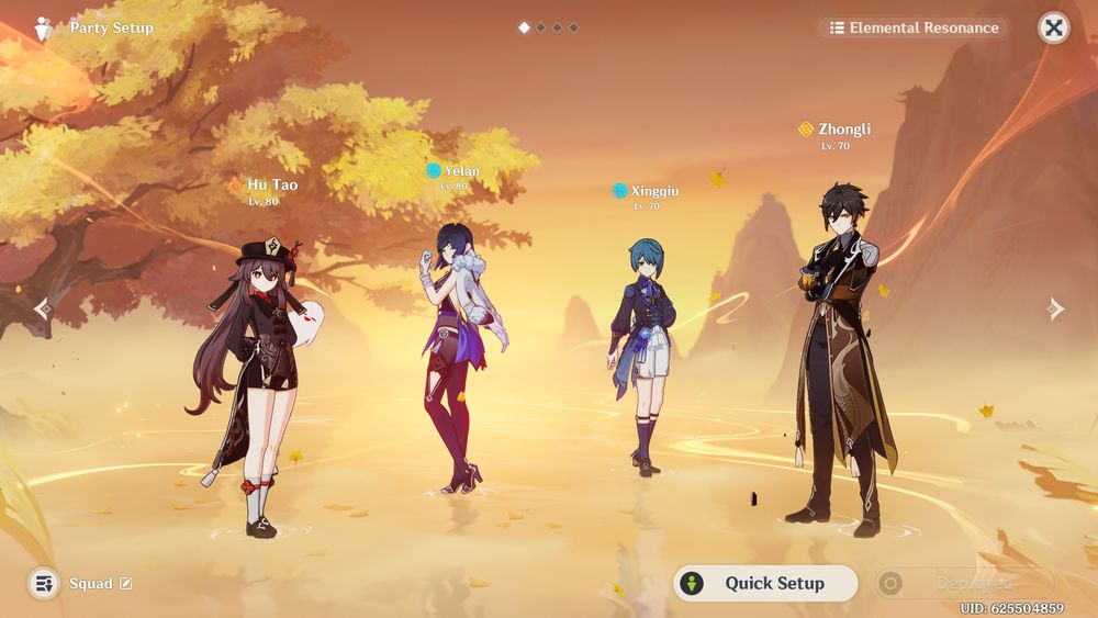 A screenshot from genshin impact showing 4 different characters for a team. From left to right there is Hu Tao, Yelan, Qingqiu and Zhongli,