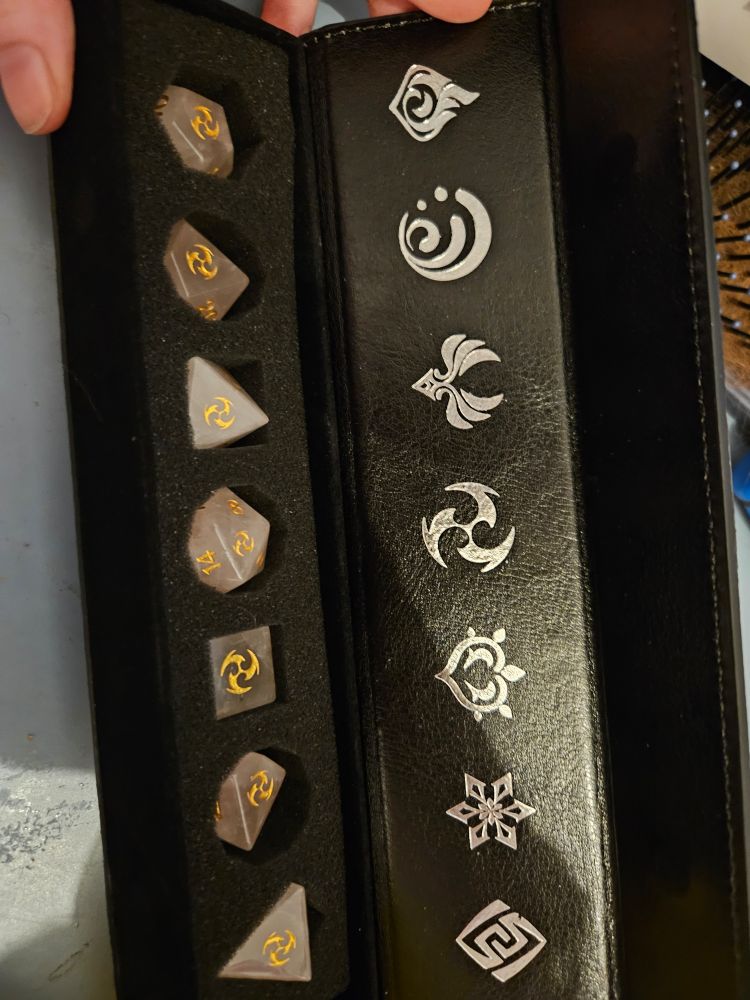 All of the dice inside the case depicting all the different elemental symbols used in Genshin Impact.