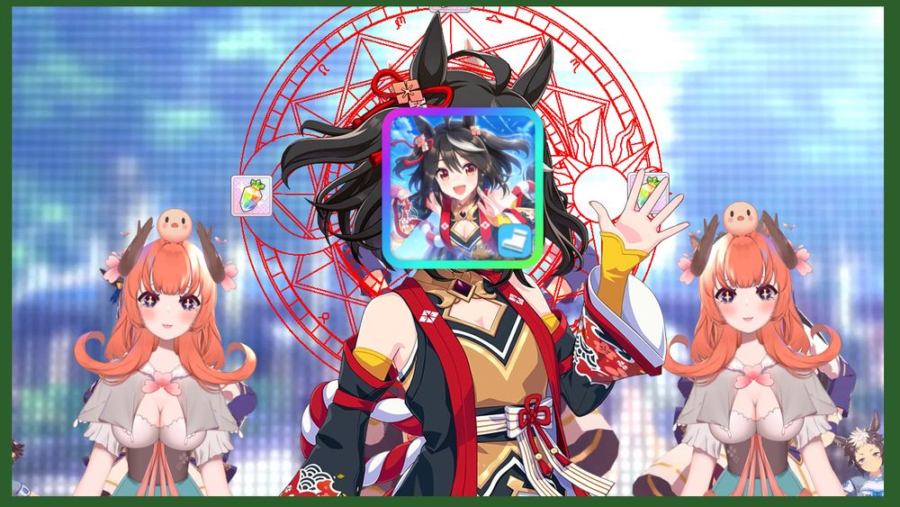 A red magic circle with rainbow carrots around it is placed in the middle of the image. It has the Kitasen Black card as well as Kitasen Black herself placed in the middle of the circle like an offering. Two vtubers smile with sparkles in their eyes on either side, gazing excitely at Kitasen Black.