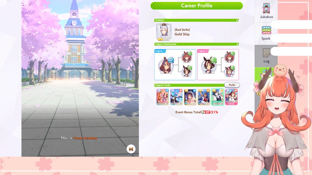 A screenshot of the stream showing a vtuber delighted at the sight of Pretty Derby on their screen.
