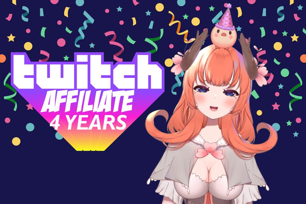 A femminine looking streamer is smiling on the right with a chicken wearing a party hat on their head. The words "twitch affiliate 4 years" is on the left as confetti rains down on a dark blue background!