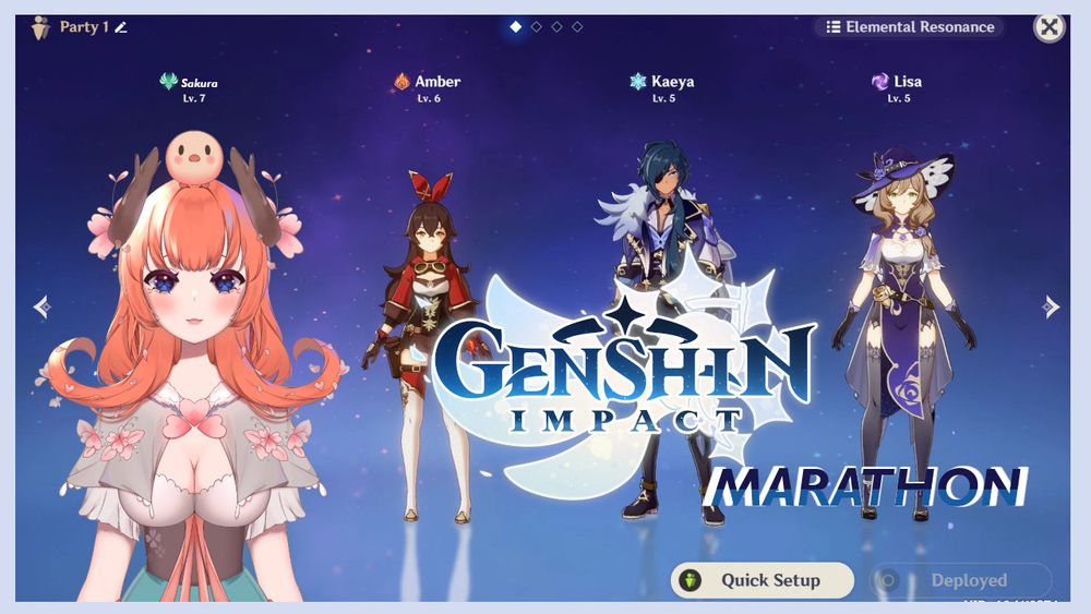 An edited screenshot of Genshin Impact. The originally screenshot that you can see shows Amber, Kaeya and Lisa standing in the party selection screen. On the far left, a vtuber has been added in instead and the words "Genshin Impact Marathon" can be seen.