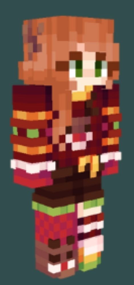 A minecraft skin featuring a character with a christmas jumper feature a reindeer on the front. They wear shorts and have mismatch socks with the left looking like a reindeer and the right looking like a candy cane.