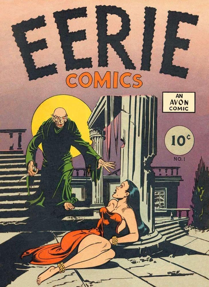 Cover of EERIE COMICS featuring a Nosferatu, I think, can't see his face too well) and a lovely lady victim 