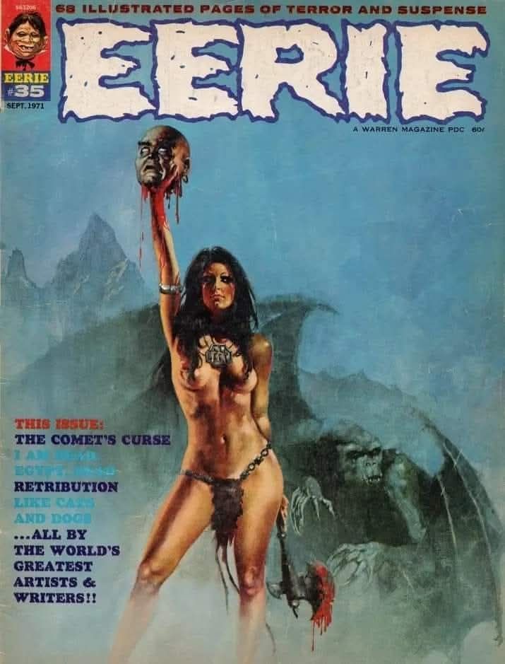 EERIE COMIC cover from 1971. A huntress with head 