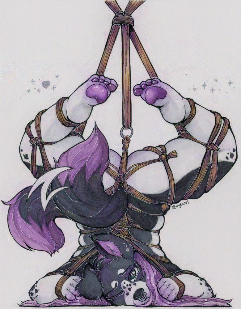 Traditional art piece of Nova the puppy tied up in rope, with her tail wagging.