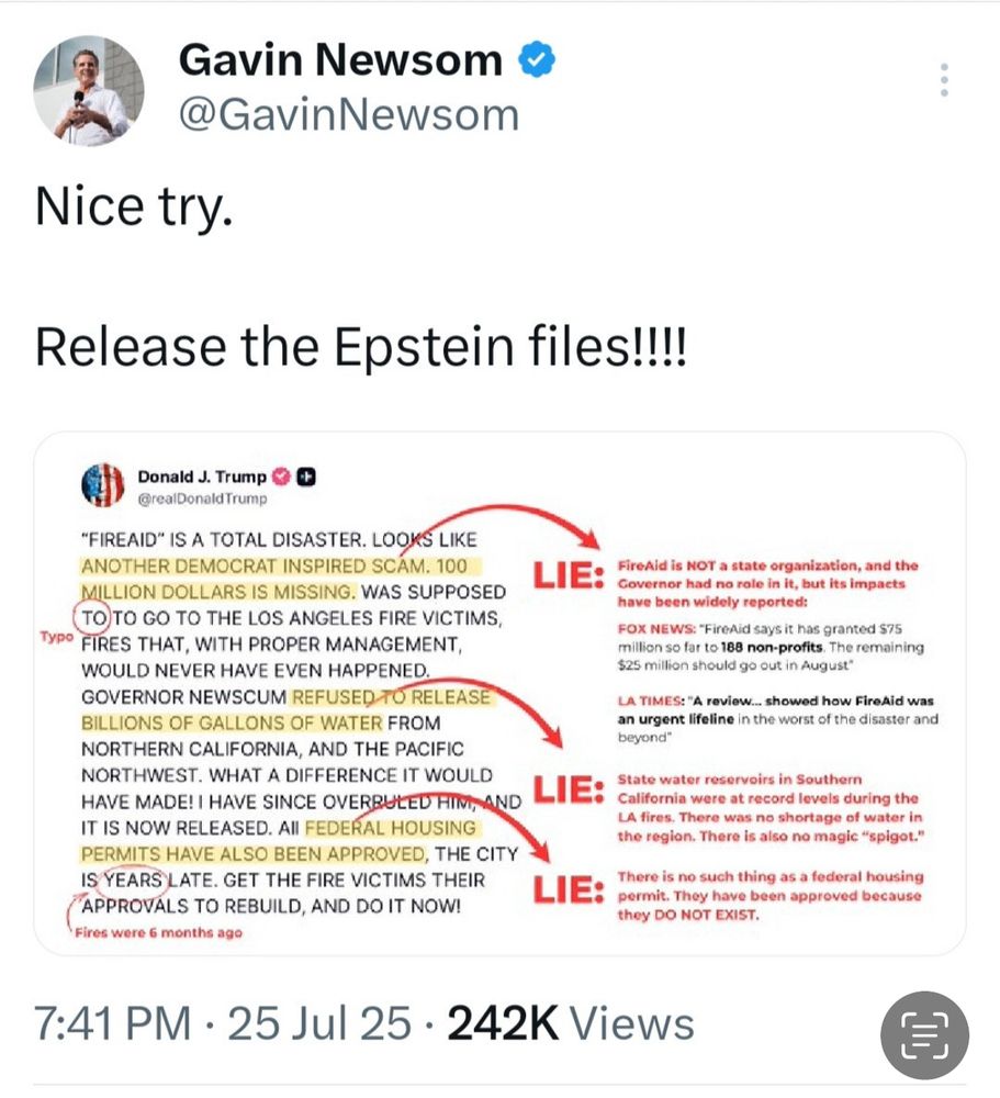 A breakdown of the outright lies from the orange man regarding the California wildfires, with side by side fact checking.