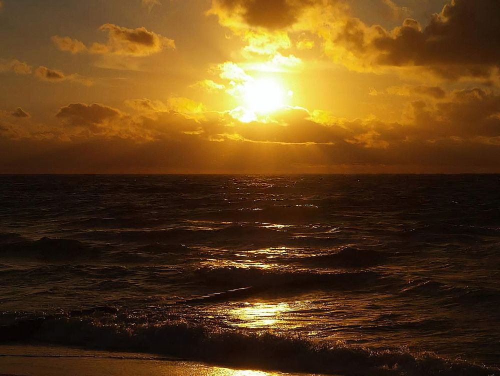 Ein Sonnenuntergang auf dem Meer. Die untergehende Sonne taucht das Meer in goldene Farbtöne.