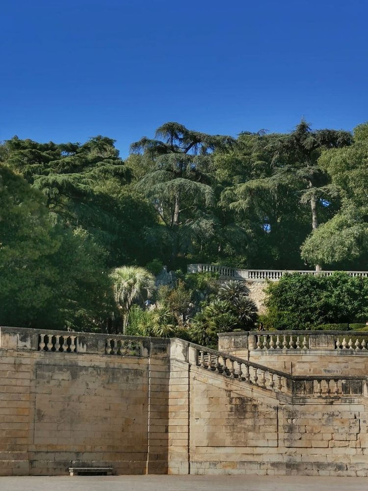 Eine alte Mauer aus sandfarben Steinen mit Geländer für die dahinter liegenden nach oben führenden Treppen. Links im Bild vor der Mauer steht eine sandfarbene Steinbank. Dazwischen und dahinter sind grüne Büsche, Bäume und Palmen. Der Himmel ist blau.
