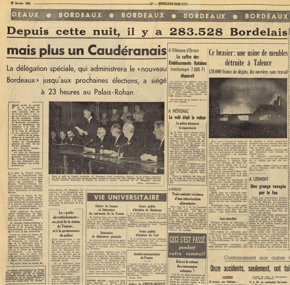 Reproduction de la une de " Sud Ouest "22 février 1965