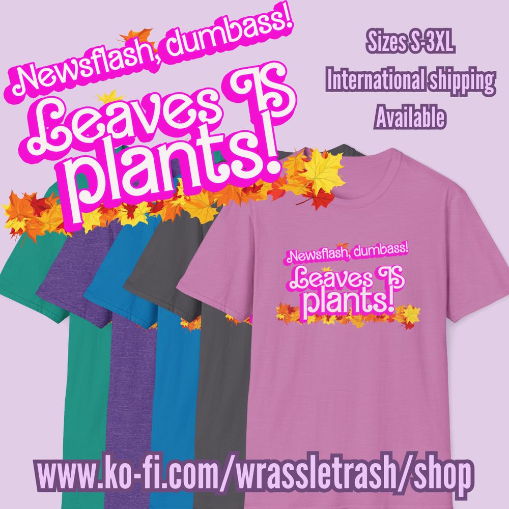 five t-shirts in green, purple, blue, grey and pink with the phrase "newsflash dumbass, leaves IS plants" in a pink barbie font surrounded by autum leaves along with the URL ko-fi.com/wrassletrash/shop