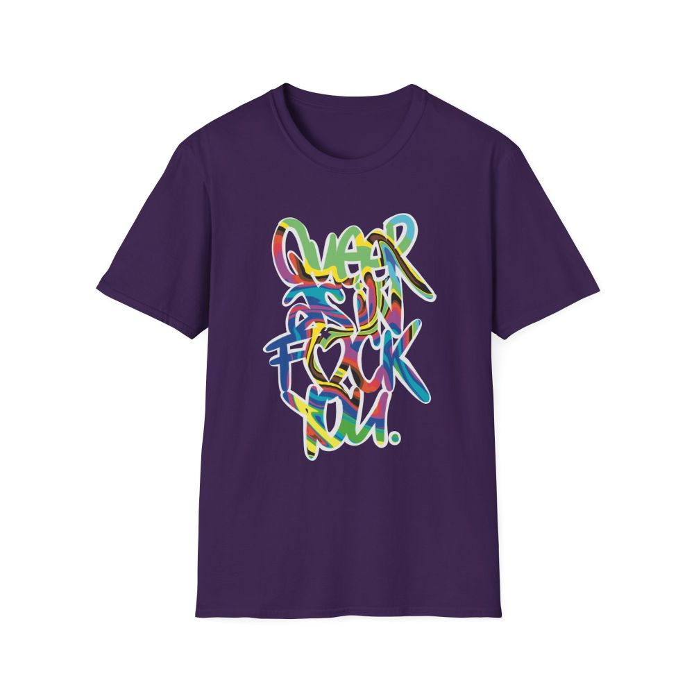 A purple shirt that says 'Queer as in Fuck You' in a rainbow of colours outlined in white - the 'u' in 'fuck' is a heart. 