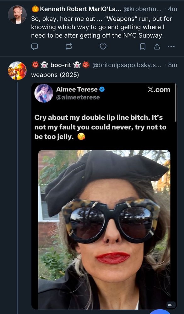 Screenshot of two posts. Top of which by Kenneth Robert MarlO’Lantern states, So, okay, hear me out … “Weapons” run, but for knowing which way to go and getting where I need to be after getting off the NYC Subway.”

The post below by boo-rit captions a screenshot of an Aimee Terese post stating “Cry about my double lip line bitch. It’s not my fault you could never, try not to be too jelly,” above a photo of a woman with heavy lip makeup while wearing enormous and garish sunglasses and a large headband.

boo-rit’s quote posted caption states, “weapons (2025)”