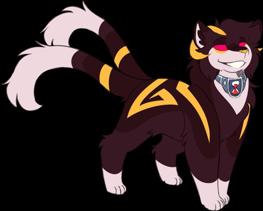 'Limit', a twin-tailed feline. they're mostly maroon, with white tipping on their paws and tails, as well as on their muzzle and neck, and gold accents. they wear a silver collar with an hourglass in the centre of it.