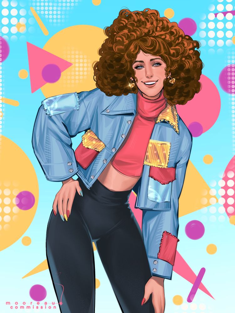 Fan art of Zoey Bennett from Date Everything. She's wearing a colorful, patchy denim jacket with a crop top and leggings. Background is full of colorful triangles and circles, much like an '80s rug.