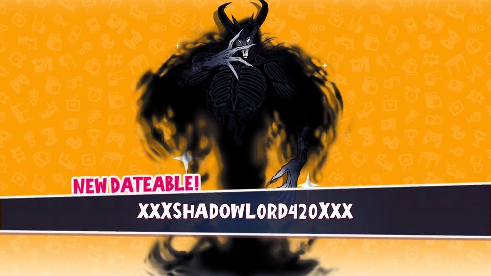screenshot of xxx Shadow Lord 420 xxx from Date Everything, a skeleton demon that's kinda yolked 