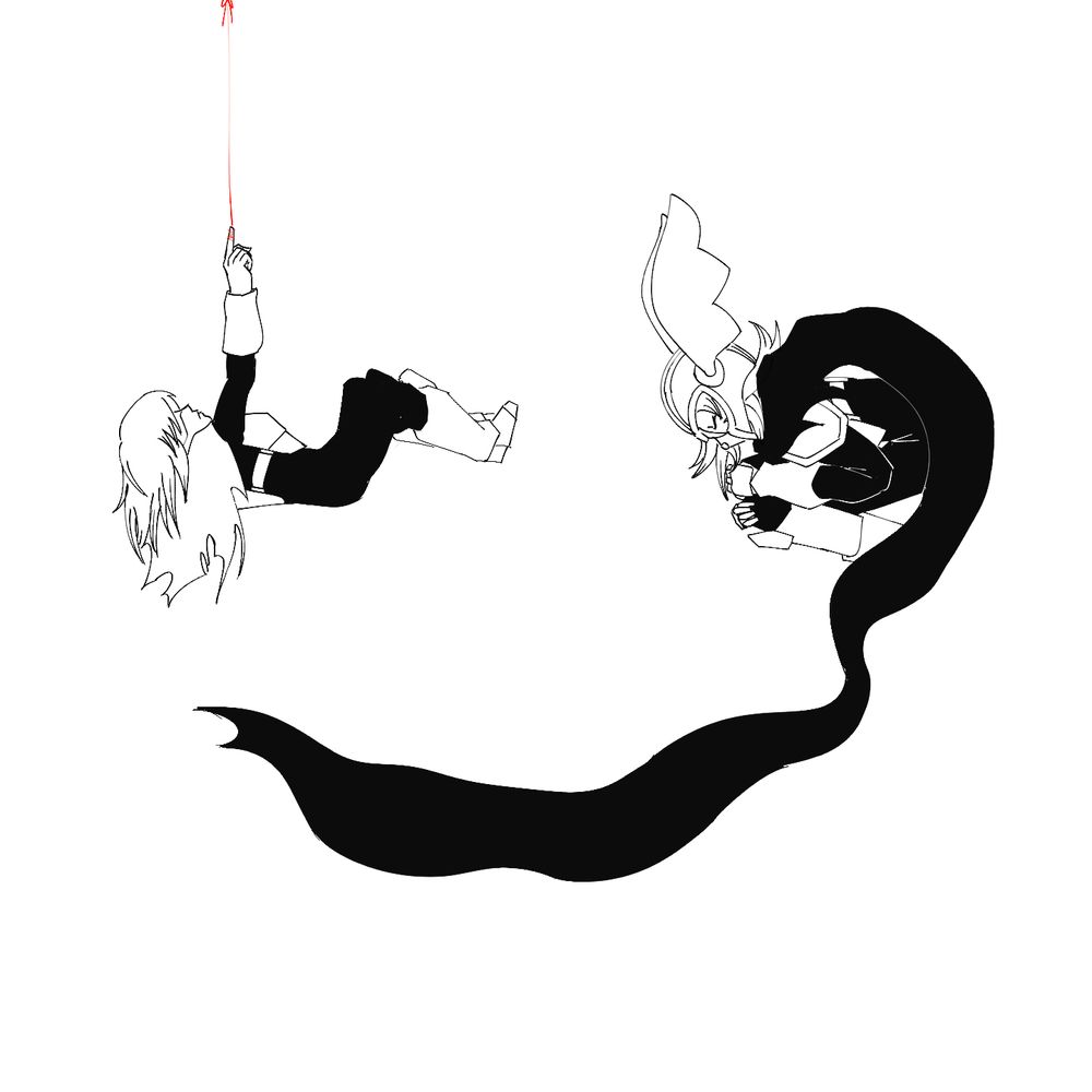 Kris and Dess Holiday in Knight regalia are suspended in midair atop a white background. The black present in their clothing resemble the scarred face of a Man. Kris is suspended by red thread.