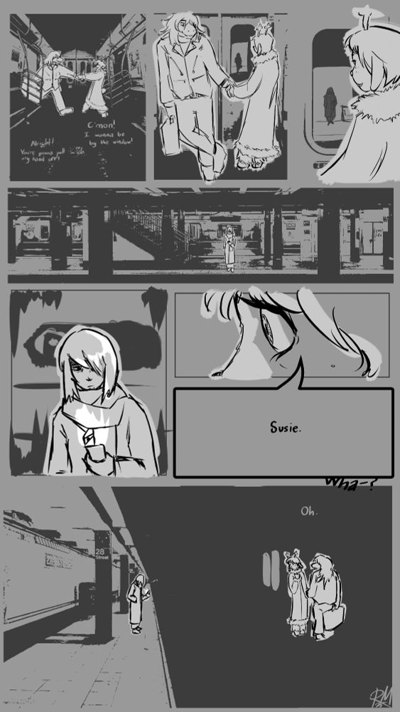 Whole image: A grayscale comic featuring the characters of Kris, Susie, and Noelle from Deltarune on a subway line made of binarized photos of the NYC subway. There are subtle signs of aging on each of their faces.
First Panel: Noelle is dragging Susie by the hand into a train car. Susie is dressed in a somewhat tacky leather jacket, jeans, and a turtleneck, while Noelle is dressed in a coat with a fluffy parka lining around the wrists, hem, and collar.
Noelle: "C'mon! I wanna be by the window!"
Susie: "Alright! You're gonna pull my hand off!"
Second Panel: Susie and Noelle are leaned against the doorway on the subway car. Noelle is looking out the window, meanwhile Susie is staring fondly at her as she folds a leg over a shin.
Third Panel: Zoom in on Noelle, in which she is looking at a distant silhouette of a person on another platform.
Fourth Panel: A wide shot, wherein the person is revealed to be Kris. They are alone on the platform, waiting for a train.
Fifth Panel: A close up on Kris. They are dressed in a long coat, with a similarly long scarf. A dress peeks out from beneath. They are staring at their phone, which casts a bright light on themselves.
Sixth Panel: A close up of Noelle's eye. She is shocked, and the grey normally used to silhouette the characters is now illuminating her. Her speech bubble takes up what would be an entire panel.
Noelle: "Susie."
Susie: [From beneath her speech bubble.] "Wha-?"
Seventh Panel: A wider shot, now from the side of Kris, Noelle, and Susie. Susie now notices Kris, still staring at their phone. The train has disappeared, but the windows they see them through are highlighted, leaving Susie and Noelle to stand in a nonliteral void whilst looking at Kris on the platform. Susie's only word is "Oh."
