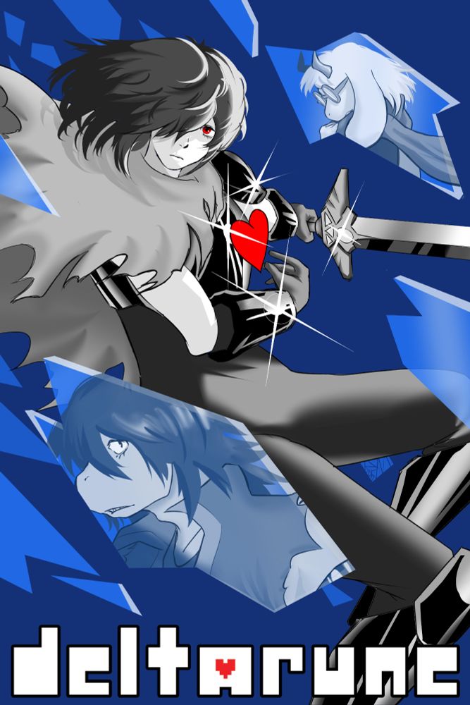 A grayscale Kris from Deltarune is in a midair pose with their sword out. Their SOUL hovers in front of them, and blue glass similar to that of the prophecy falls around them. Inside 2 shards of glass, Susie and Ralsei in dire poses in a similarly grayscale appearance.