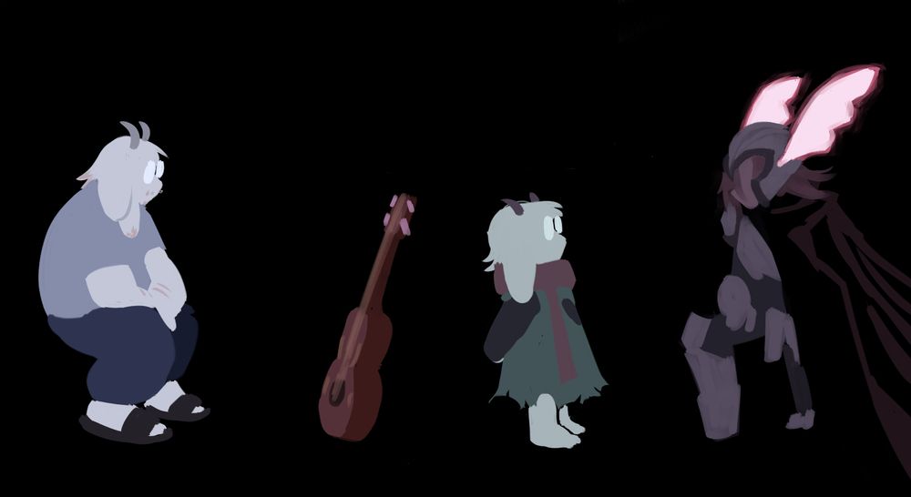 A completely black background. From left to right, a fan design of Asriel who is older, larger, and wearing glasses and a generic t-shirt and sweatpants with a pair of slides is sitting and staring at a guitar. In a similar fashion, Ralsei is staring up at a fanmade design of Dess, in knight's armor, who is kneeling as she looks at him.
