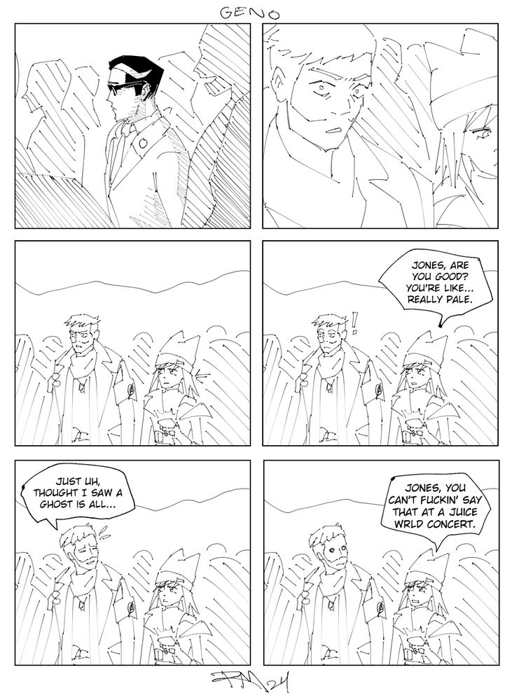 Panel 1: The "Geno" seen shaking hands with Slone is amongst a crowd of people.
Panel 2: Jonesy looks at him with an intense and frightened stare, Hope is off to his side.
Panel 3: Hope takes notice of Jonesy staring.
Panel 4: Hope: "Jones, are you good? You're like... really pale."
Panel 5: Jonesy: "Just uh, thought I saw a ghost is all..."
Panel 6: Hope: "Jones, you can't fuckin' say that at a Juice WRLD concert."