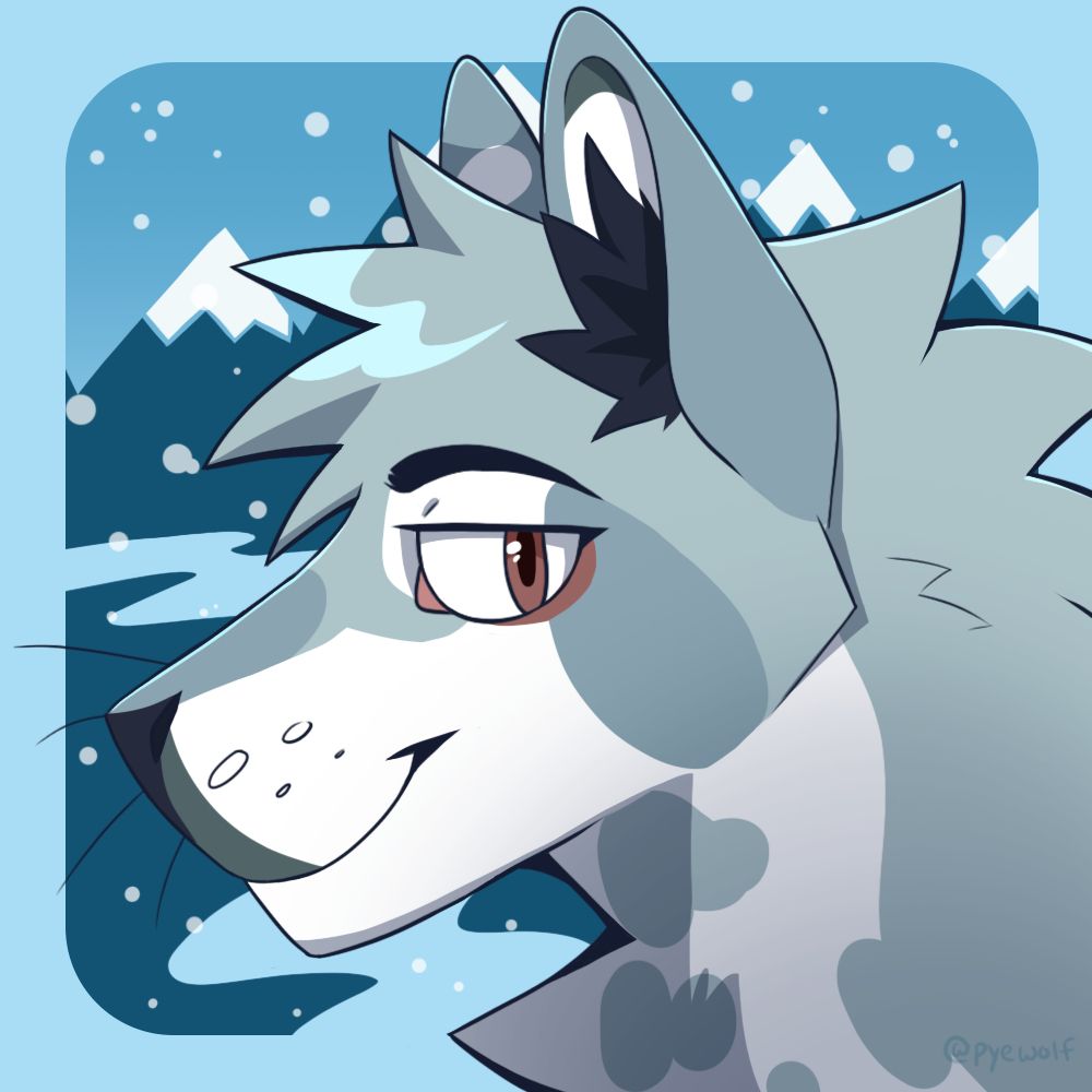 A canine-like character with a tired but kind expression on their muzzle looks out towards you. The background is made up of abstract snowy mountains, snow, and a frozen river. 