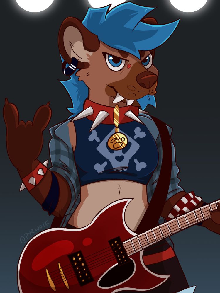 A hyena anthro character stands under spotlights rocking out with a guitar in their paws.