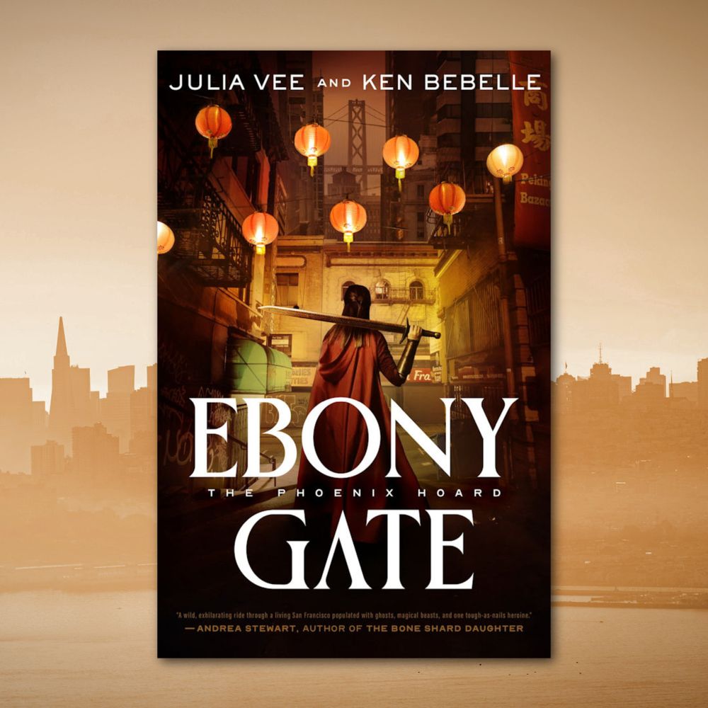 The image shows the book cover at its center. The cover shows a person in a red cloak facing away from the viewer. They have long brown hair and are resting an unsheathed sword on their shoulder. They are standing at in an alley in Chinatown, with red lanterns hanging above their head, looking out into the main street. In the distance between the high rise buildings is one of the towers of the Golden Gate Bridge. The whole image is done is subdued tones of red and brown, which give the cover a smoky feel. The background image is a photo of the smoggy skyline of San Francisco done in sepia tones.