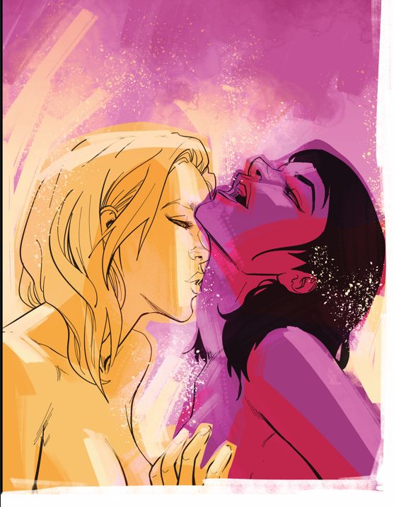 An image from "Think of the Children" where two women are kissing. 