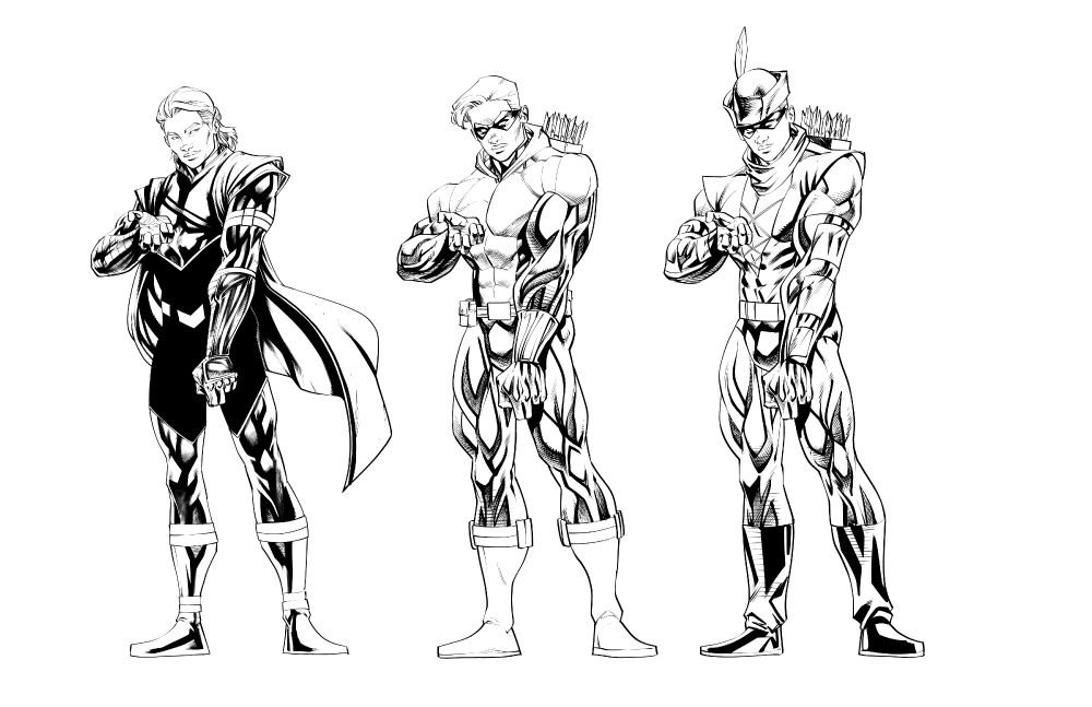 Versions of Connor Hawke Green Arrow - modern, 90s, and Green Arrow classic - each more insanely 90s EXTREME style. 